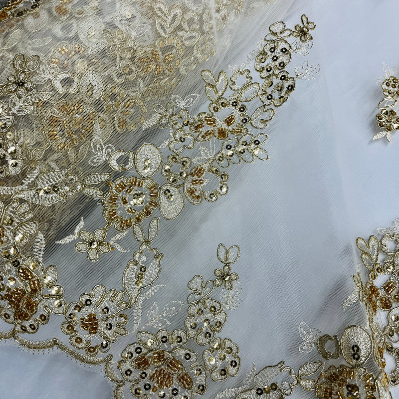 Beaded & Corded Bridal Lace Fabric Embroidered on 100% Polyester Net Mesh | Lace USA - 91443W-HB