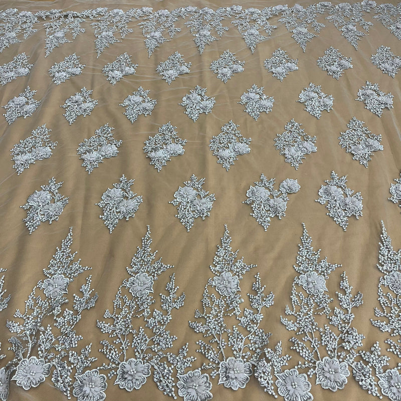 Beaded 3D Floral Lace Fabric Embroidered on 100% Polyester Net Mesh | Lace USA - GD-75