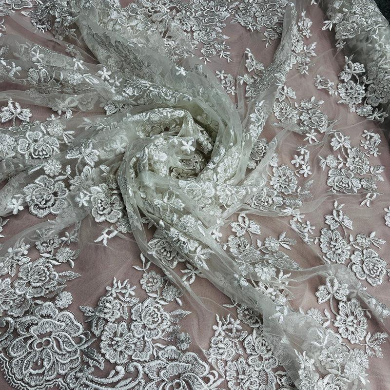 Corded Bridal Lace Fabric Embroidered on 100% Polyester Net Mesh | Lace USA - 97018W