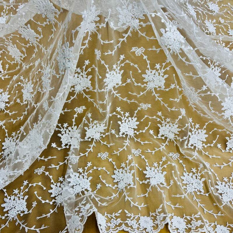 Beaded & Corded Bridal Lace Fabric Embroidered on 100% Polyester Net Mesh | Lace USA - 95575W-BP