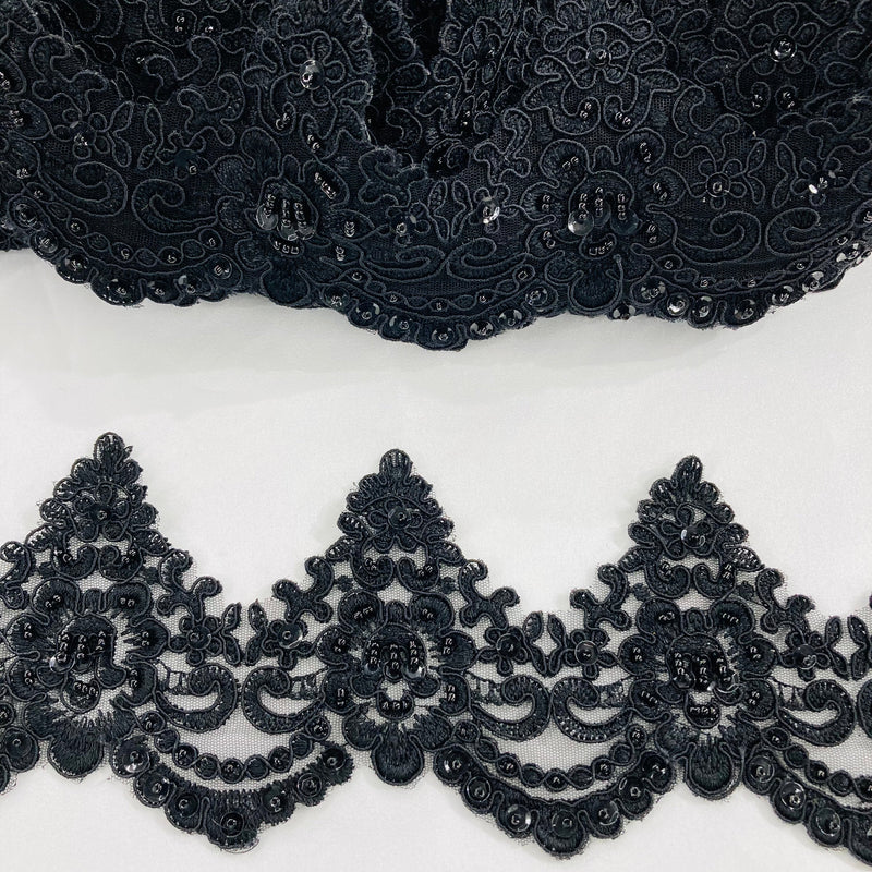 Beaded & Corded Lace Trimming Embroidered on 100% Polyester Net Mesh | Lace USA - KZ-10