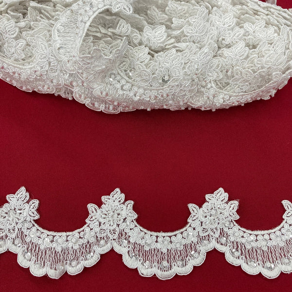 Beaded & Corded Lace Trimming Embroidered on 100% Polyester Net Mesh | Lace USA - 95600W-BP