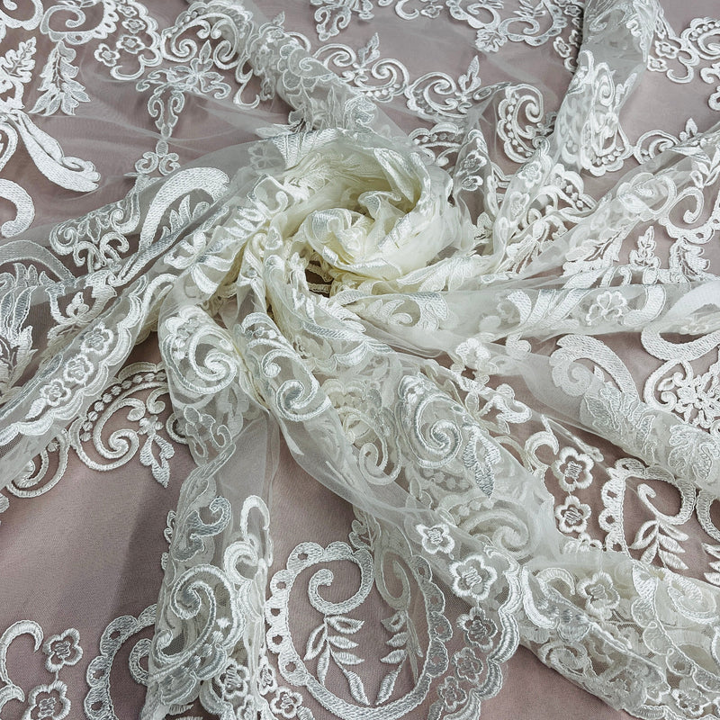 Corded Bridal Lace Fabric Embroidered on 100% Polyester Net Mesh | Lace USA - 97068W