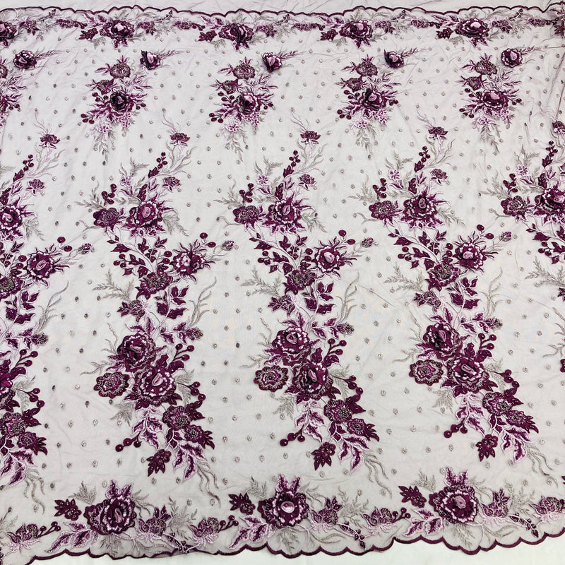 Beaded 3D Floral Lace Fabric Embroidered on 100% Polyester Net Mesh | Lace USA - GD-416