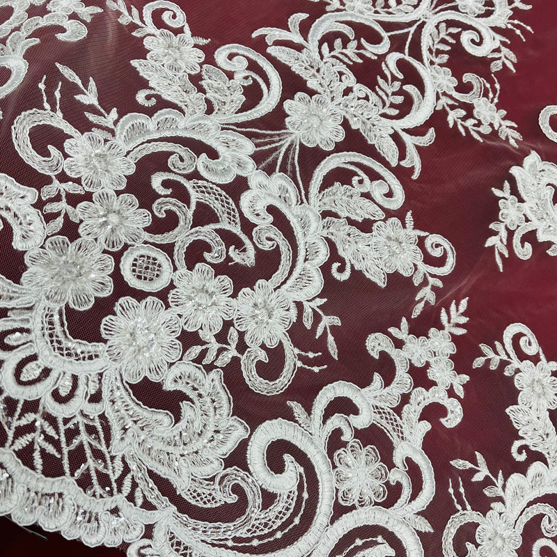 Ethereal Elegance: Beaded & Corded Bridal Lace Fabric on Polyester Net Mesh| Lace USA - 97213W-SB