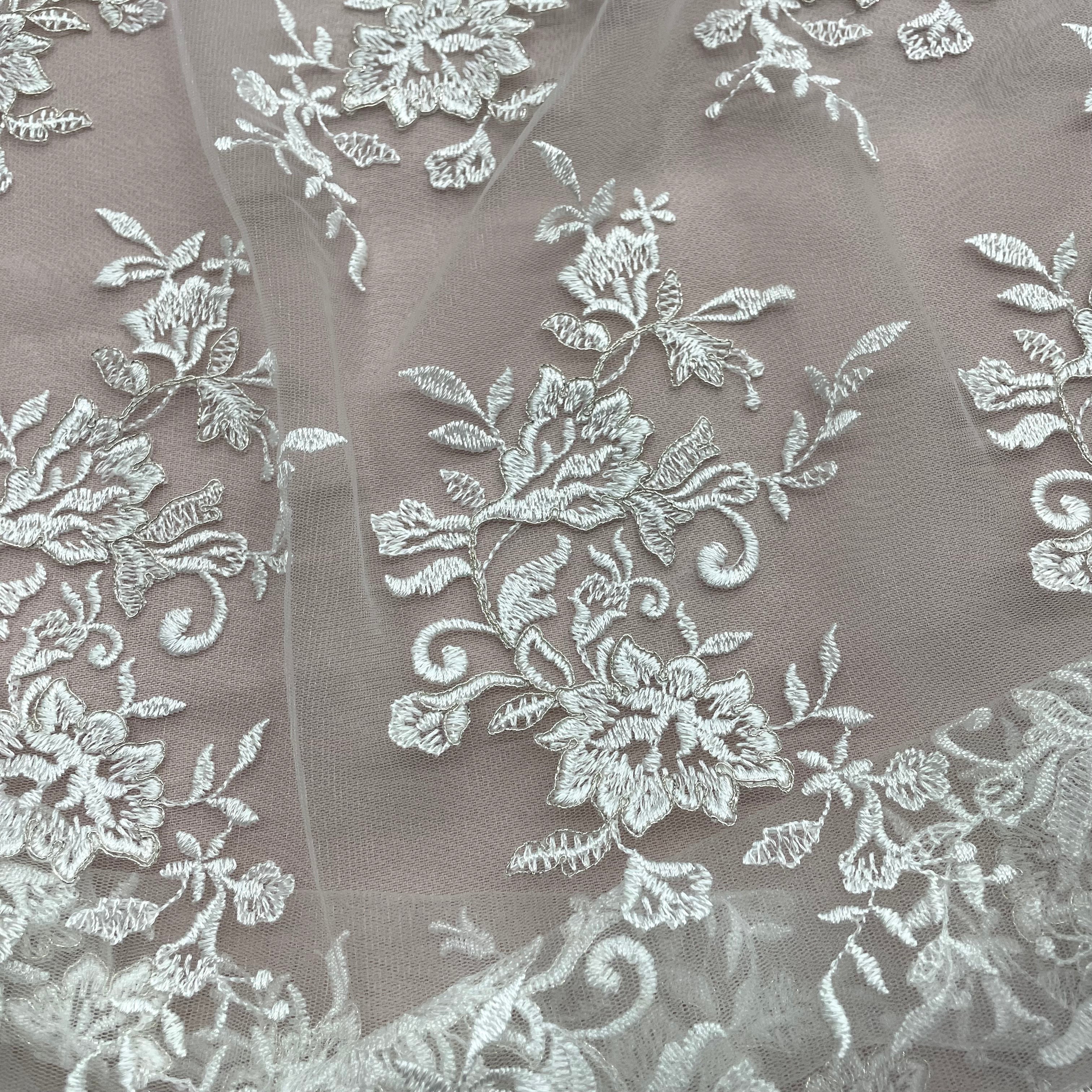 Corded Bridal Lace Fabric Embroidered on 100% Polyester Net Mesh | Lace USA - 97154W