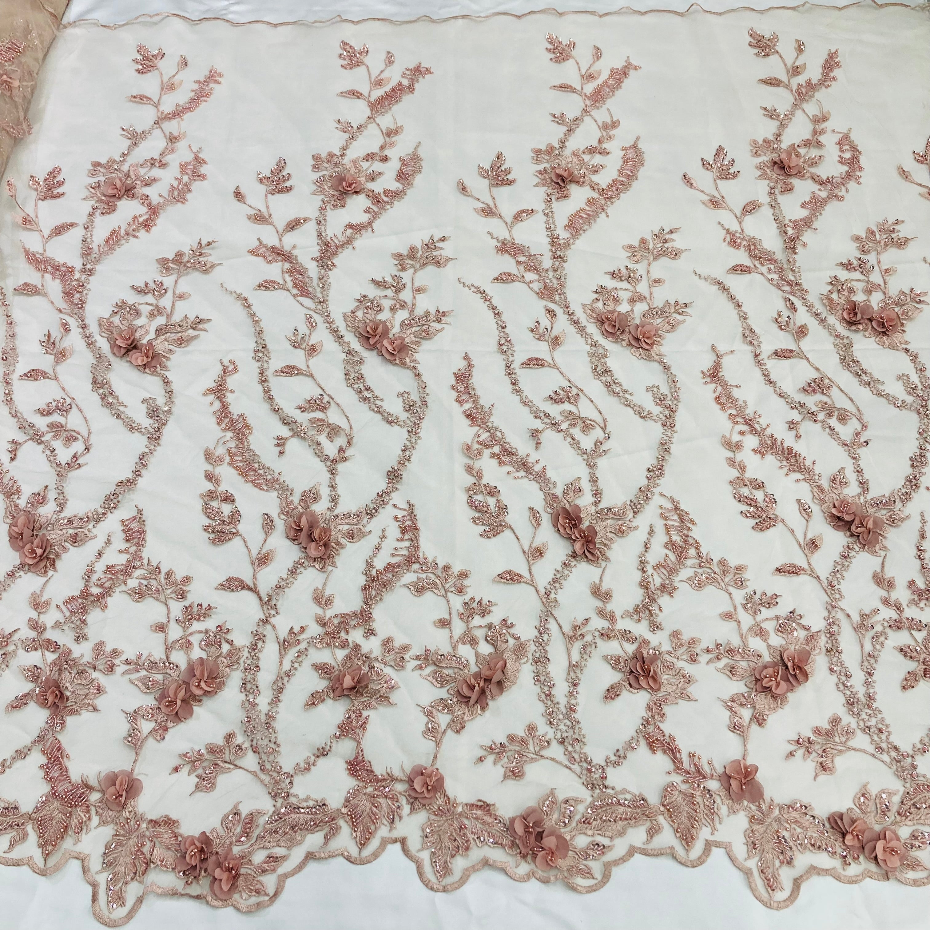 Beaded 3D Floral Lace Fabric Embroidered on 100% Polyester Net Mesh | Lace USA - GD-302