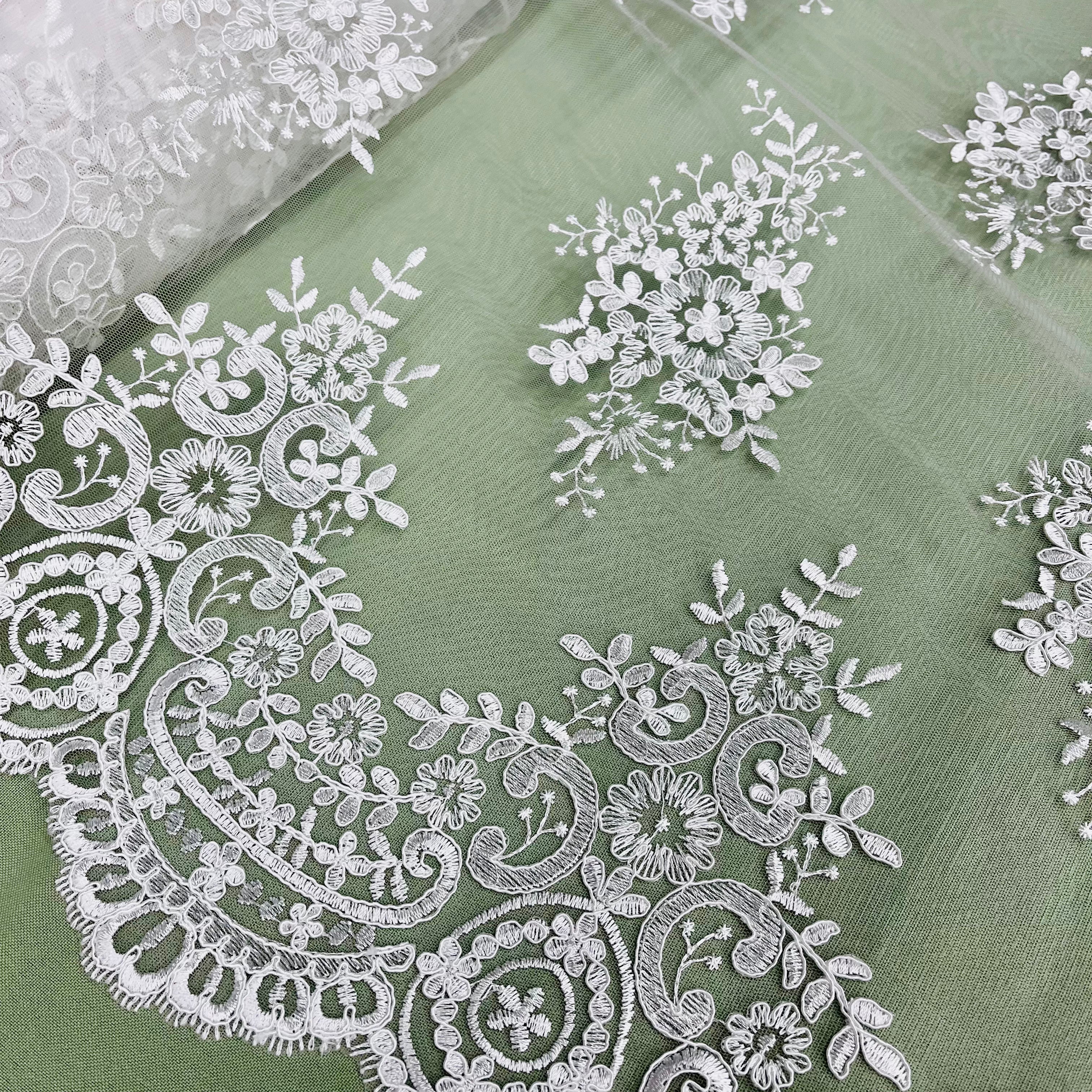 Corded Bridal Lace Fabric Embroidered on 100% Polyester Net Mesh | Lace USA - 97019W