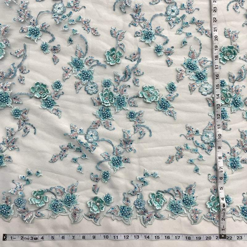 Beaded 3D Floral Lace Fabric Embroidered on 100% Polyester Net Mesh | Lace USA - GD-417