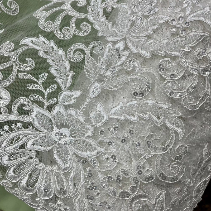 Beaded & Corded Bridal Lace Fabric Embroidered on 100% Polyester Net Mesh | Lace USA - GD-55518