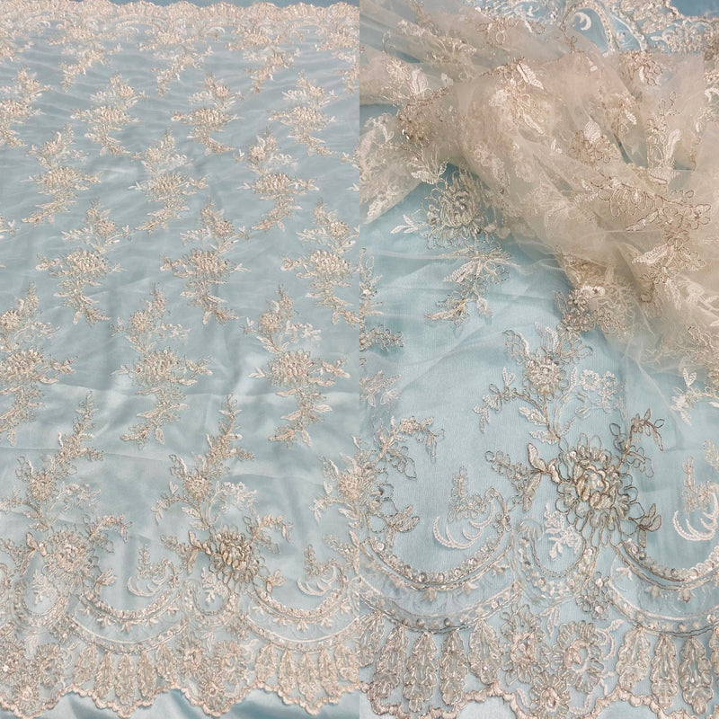 Beaded & Corded Bridal Fabric Lace Embroidered on 100% Polyester Net Mesh | Lace USA - 96979W-HB