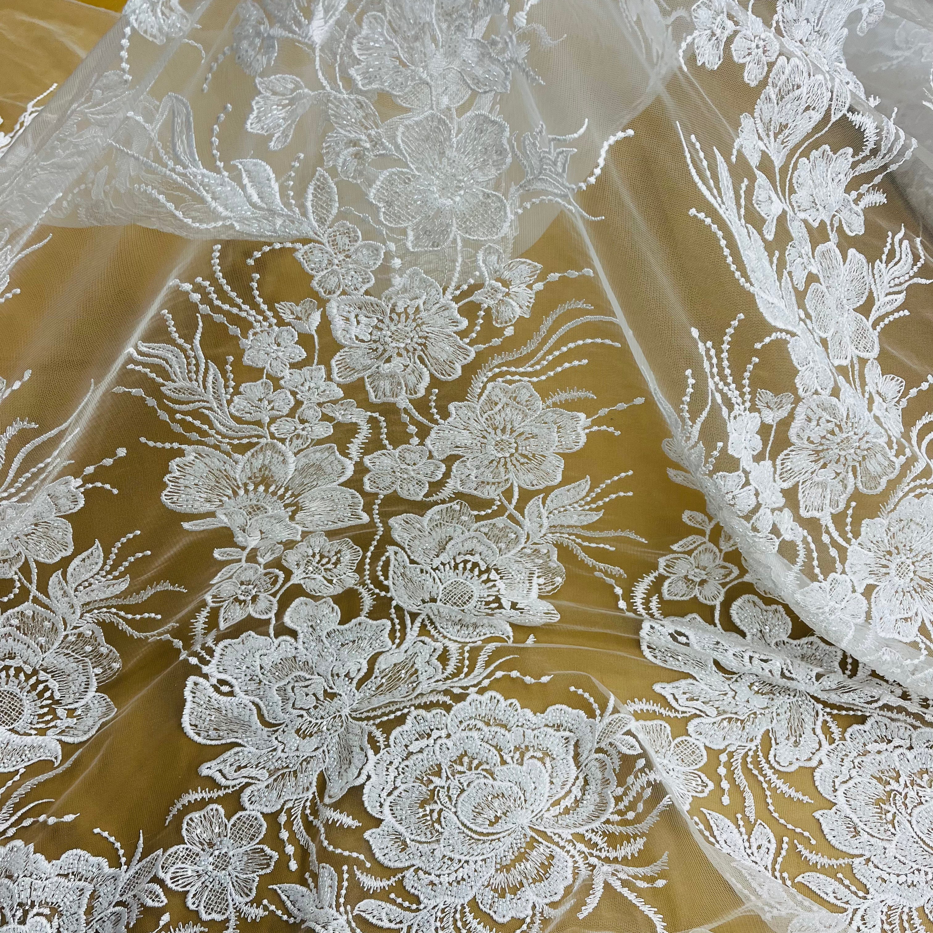 Beaded Lace Fabric Embroidered on 100% Polyester Net Mesh | Lace USA - GD-67313