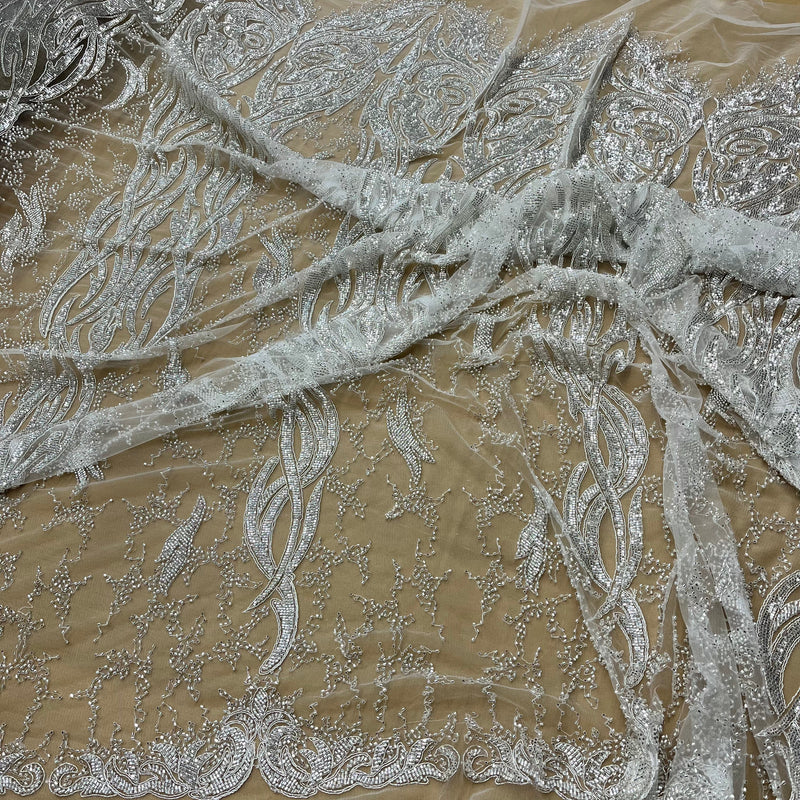 Beaded & Corded Bridal Lace Fabric Embroidered on 100% Polyester Net Mesh | Lace USA -GD-12622