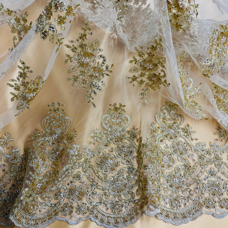 Beaded Corded Lace Fabric With Scallops Embroidered on 100% Poly Metallic | Lace USA - GD-1245