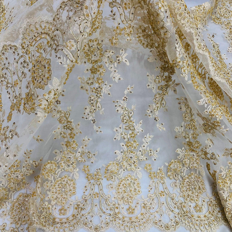 Beaded & Corded Bridal Lace Fabric Embroidered on 100% Polyester Net Mesh | Lace USA - 96874W-HB