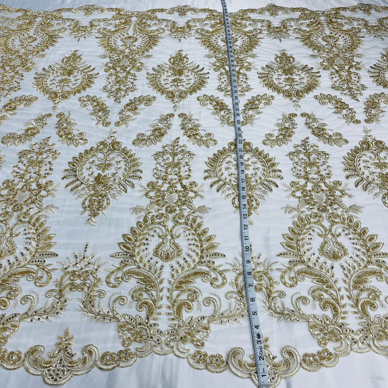 Beaded & Corded Bridal Lace Fabric Embroidered on 100% Polyester Net Mesh | Lace USA - 97160W-HB