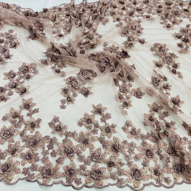 Beaded 3D Floral Lace Fabric Embroidered on 100% Polyester Net Mesh | Lace USA - GD-489