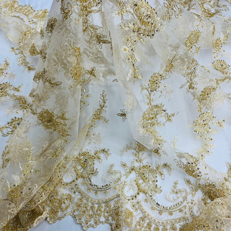 Beaded & Corded Bridal Fabric Lace Embroidered on 100% Polyester Net Mesh | Lace USA - 96979W-HB