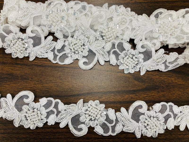 Beaded & Corded Lace Trimming Embroidered on 100% Polyester Organza | Lace USA - 95114N-BP