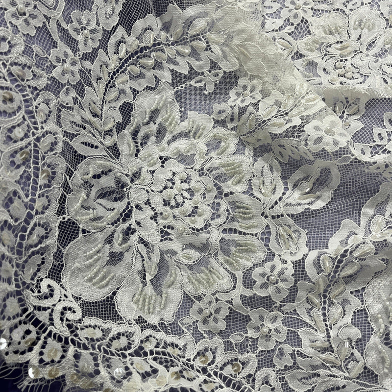 Beaded Chantilly Embroidered Lace Fabric with Eyelash Scallop | Spandex Palace - GD-316