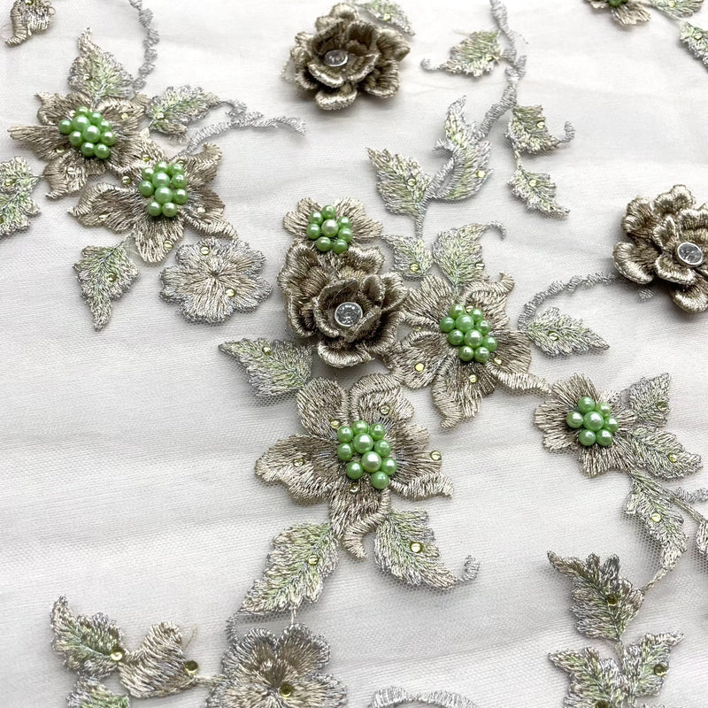 Beaded 3D Floral Lace Fabric Embroidered on 100% Polyester Net Mesh | Lace USA - GD-417