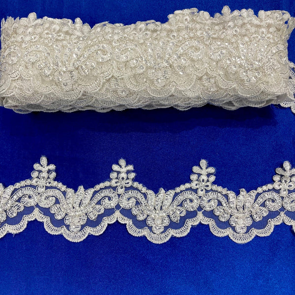 Beaded & Corded Lace Trimming Embroidered on 100% Polyester Net Mesh | Lace USA - KZ-34W-SB