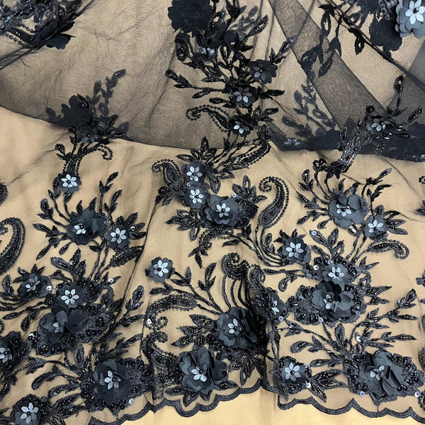 Beaded 3D Floral Lace Fabric Embroidered on 100% Polyester Net Mesh | Lace USA - GD-1836