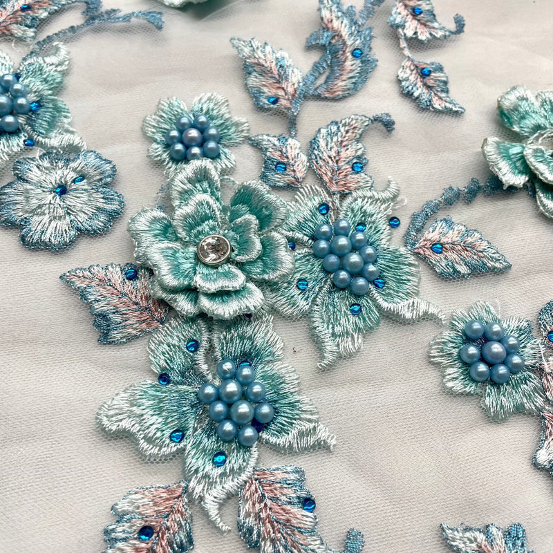 Beaded 3D Floral Lace Fabric Embroidered on 100% Polyester Net Mesh | Lace USA - GD-417