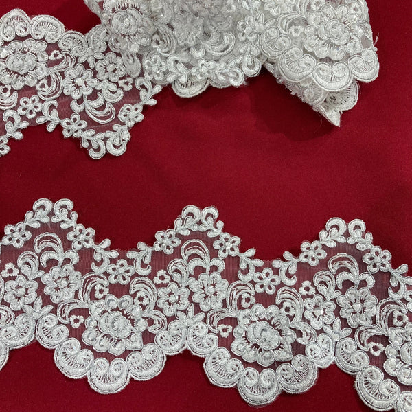 Beaded & Corded Lace Trimming Embroidered on 100% Polyester Net Mesh | Lace USA - 95622W-BP