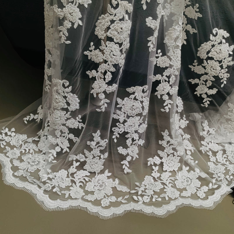 Beaded & Corded Bridal Lace Fabric Embroidered on 100% Polyester Net Mesh | Lace USA - 97145W-HB