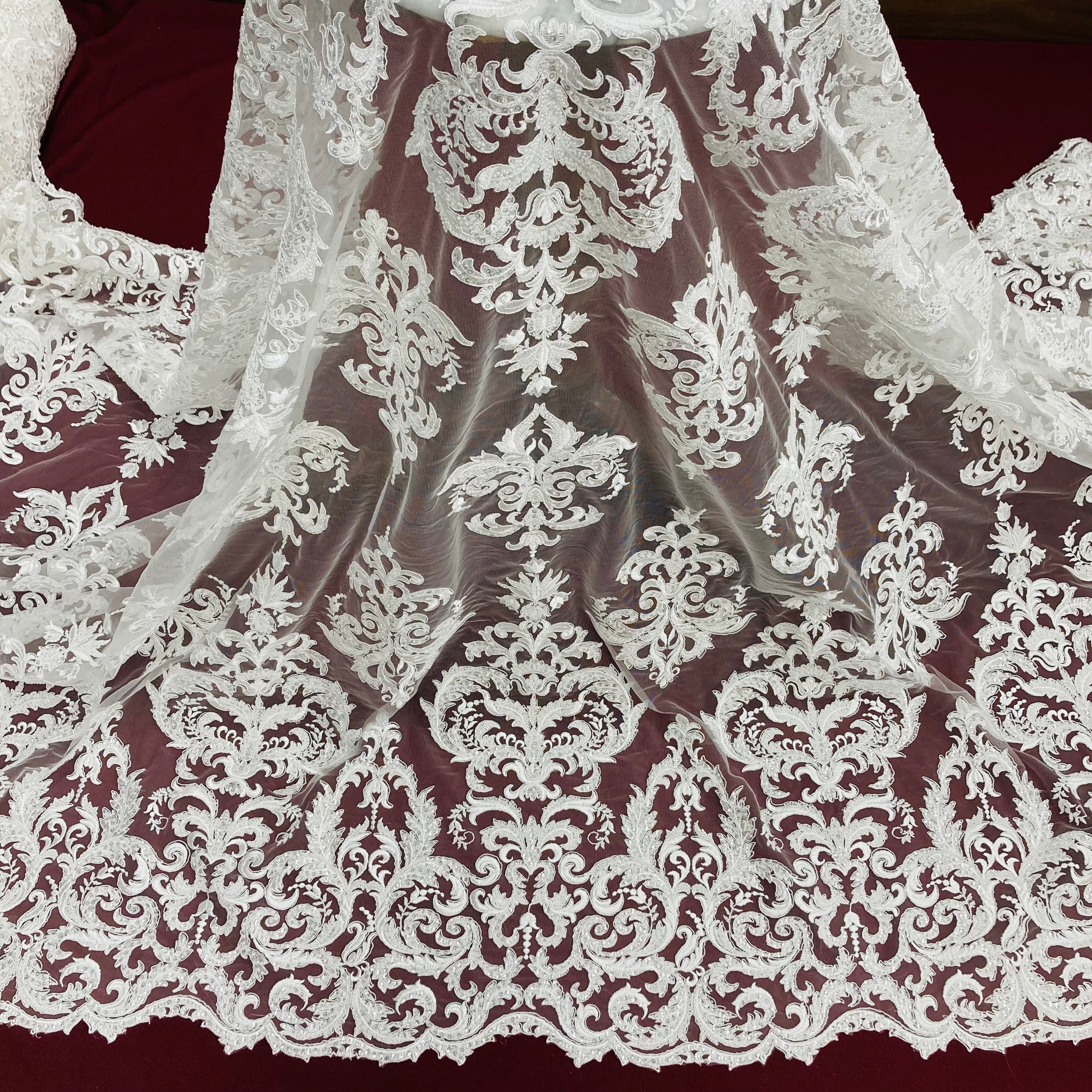 Beaded & Corded Lace Fabric Embroidered on 100% Polyester Net Mesh | Lace USA - GD-59828