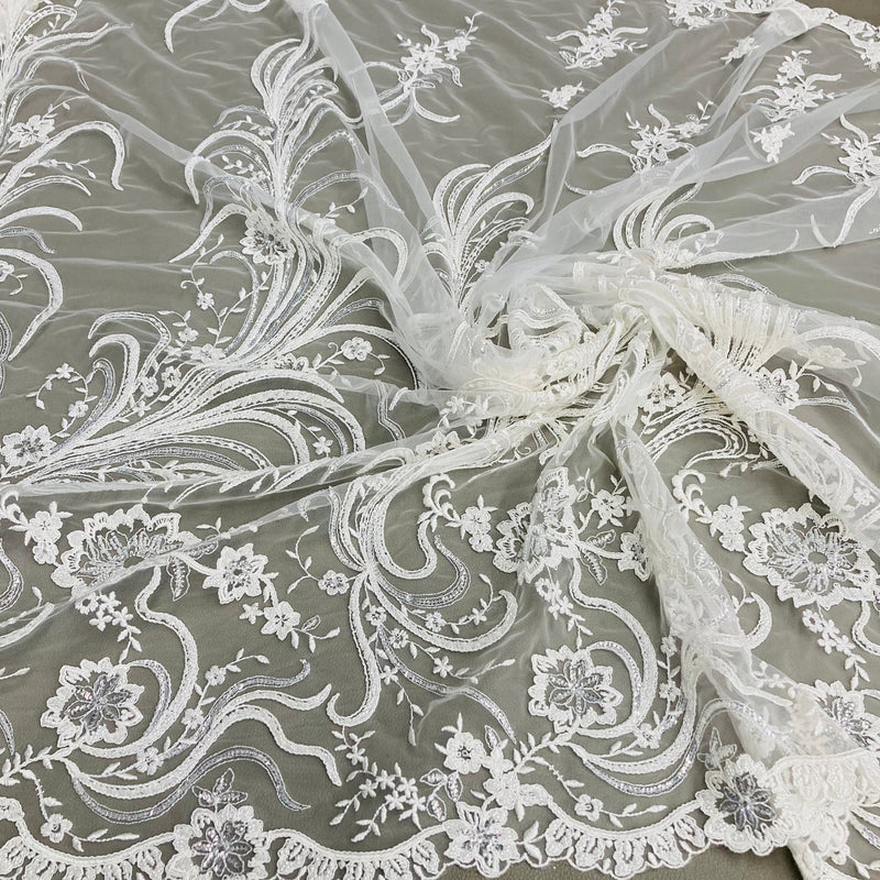 Beaded & Corded Bridal Lace Fabric Embroidered on 100% Polyester Net Mesh | Lace USA - 97130W-HB