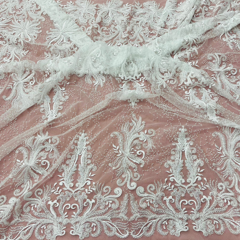 Beaded Lace Fabric Embroidered With Fuzzy Thread on 100% Polyester Net Mesh | Lace USA - GD-12264