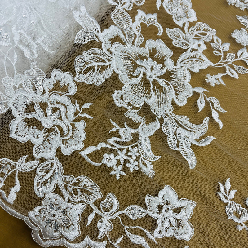 Beaded & Corded Bridal Lace Fabric Embroidered on 100% Polyester Net Mesh | Lace USA - 97126W-HB