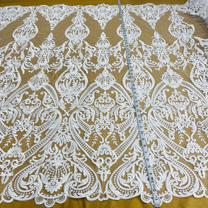 Corded Bridal Lace Fabric Embroidered on 100% Polyester Net Mesh | Spandex Palace- 97086W