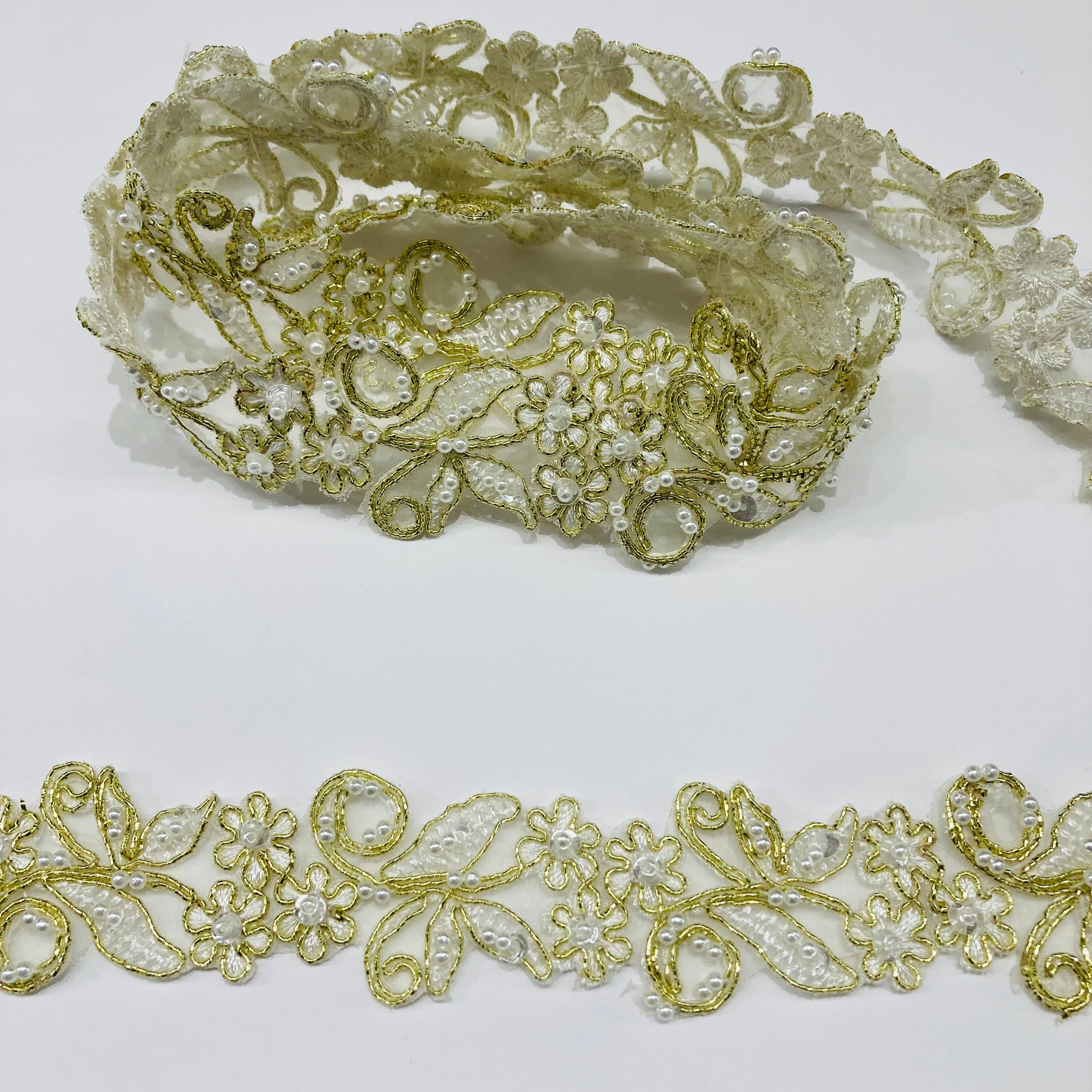 Beaded & Corded Lace Trimming Embroidered on 100% Polyester Organza | Lace USA - 95118N-BP