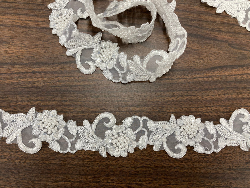 Beaded & Corded Lace Trimming Embroidered on 100% Polyester Organza | Lace USA - 95114N-BP