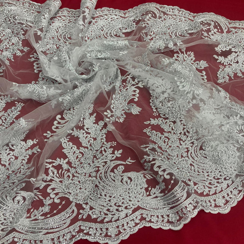 Beaded & Corded Bridal Lace Fabric Embroidered on 100% Polyester Net Mesh | Lace USA - 97141W-SB