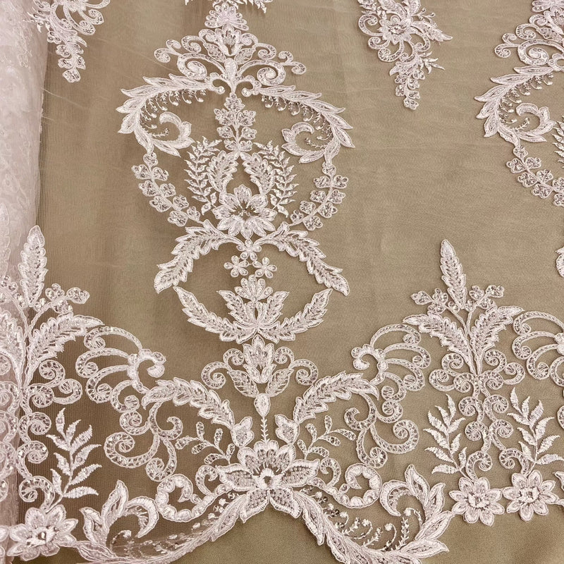 Beaded & Corded Bridal Lace Fabric Embroidered on 100% Polyester Net Mesh | Lace USA - GD-55518