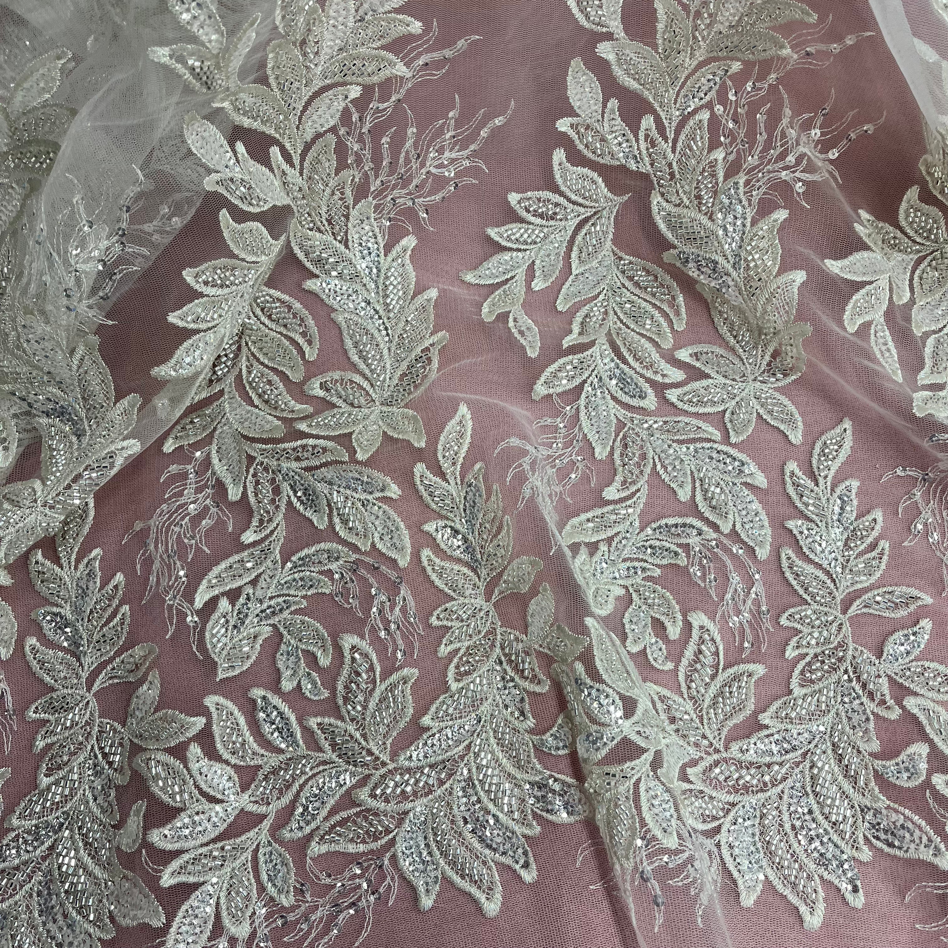 Beaded Lace Fabric Embroidered on 100% Polyester Net Mesh | Lace USA - GD-13331