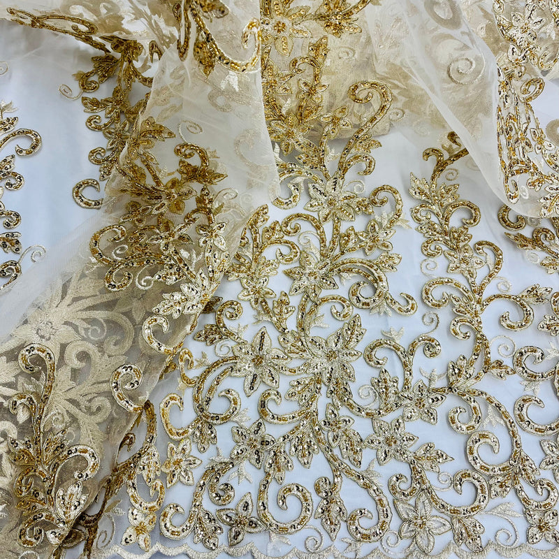 Beaded & Corded Bridal Fabric Lace Embroidered on 100% Polyester Net Mesh | Lace USA - 97219W-HB