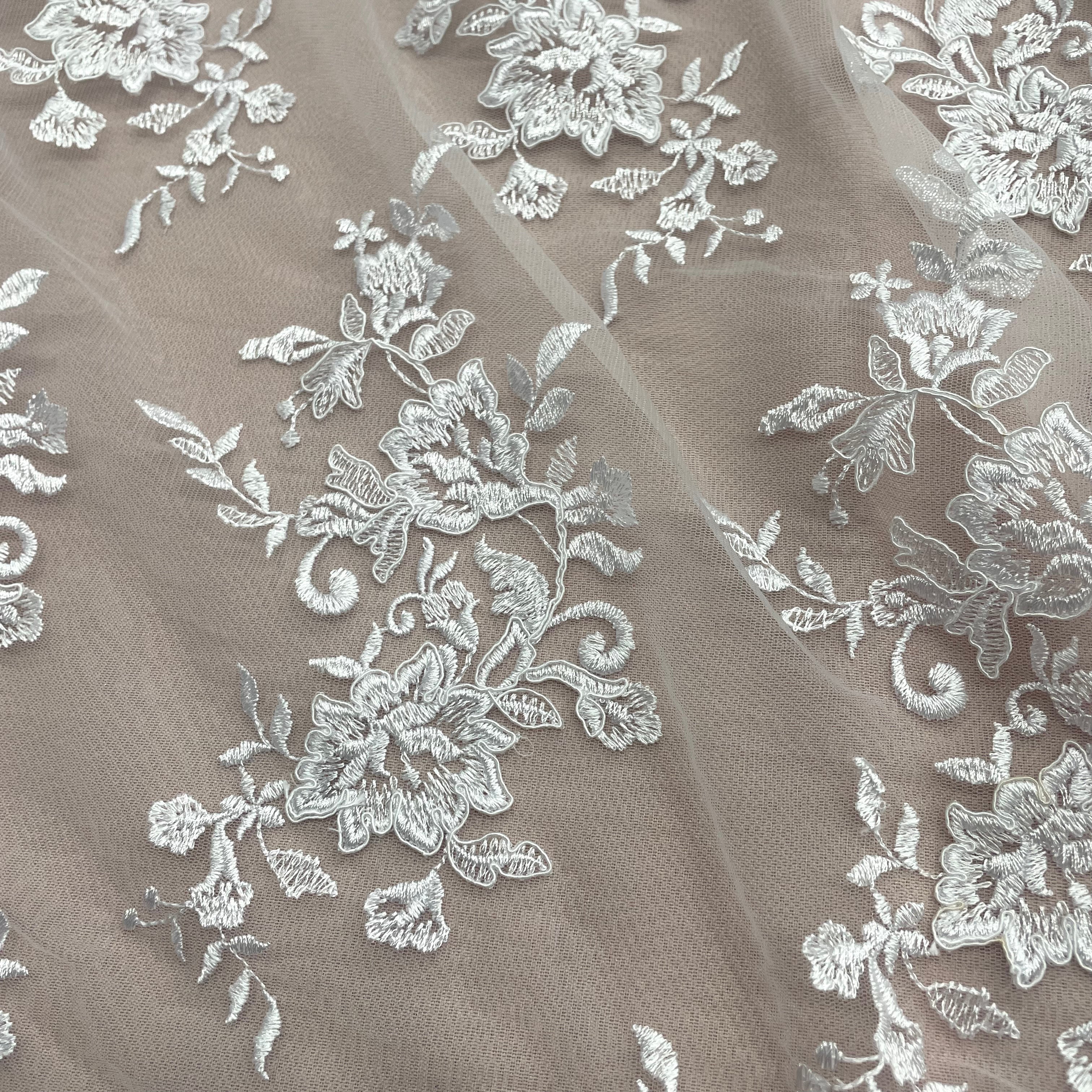 Corded Bridal Lace Fabric Embroidered on 100% Polyester Net Mesh | Lace USA - 97154W