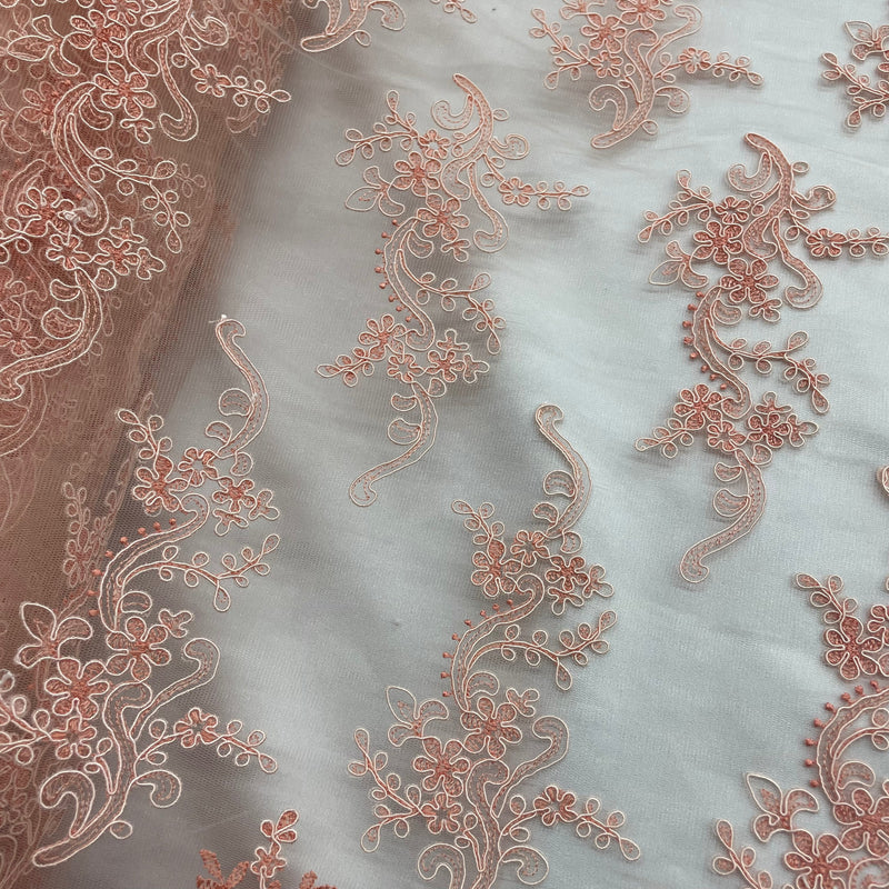 Corded Bridal Lace Fabric Embroidered on 100% Polyester Net Mesh | Lace USA - 97199W