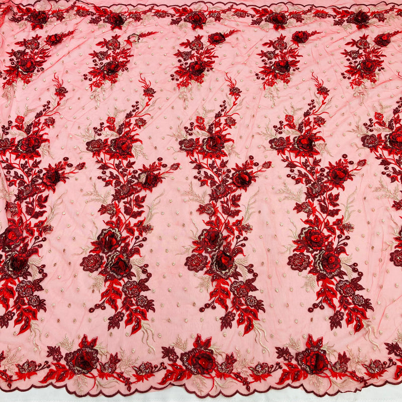 Beaded 3D Floral Lace Fabric Embroidered on 100% Polyester Net Mesh | Lace USA - GD-416