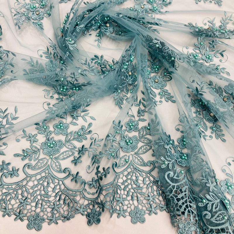 Beaded 3D Floral Lace Fabric Embroidered on 100% Polyester Net Mesh | Lace USA - GD-121