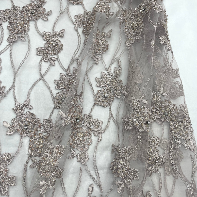 Beaded & Corded Bridal Fabric Lace Embroidered on 100% Polyester Net Mesh | Lace USA - GD-381