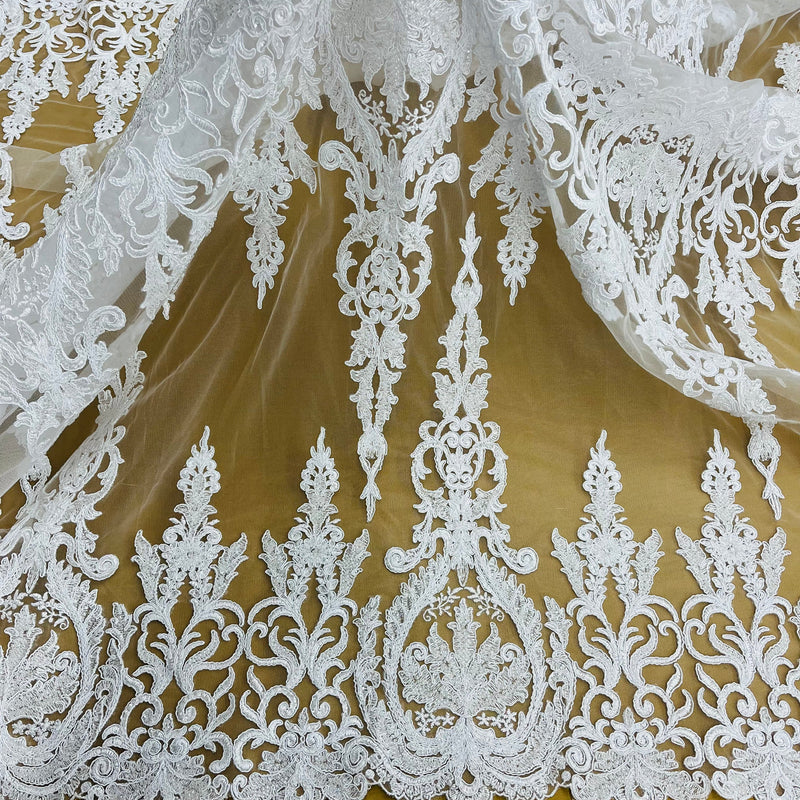 Beaded & Corded Bridal Lace Fabric Embroidered on 100% Polyester Net Mesh | Lace USA - 97201W-HB