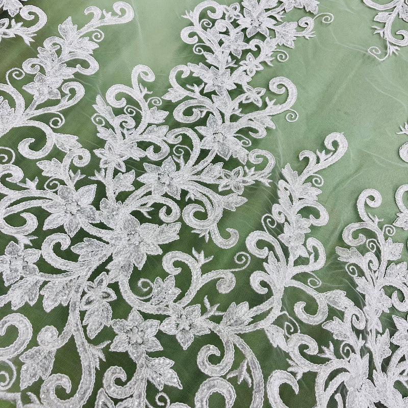 Beaded & Corded Bridal Fabric Lace Embroidered on 100% Polyester Net Mesh | Lace USA - 97219W-HB