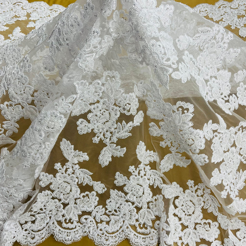 Beaded & Corded Bridal Lace Fabric Embroidered on 100% Polyester Net Mesh | Lace USA - 95409W-HB