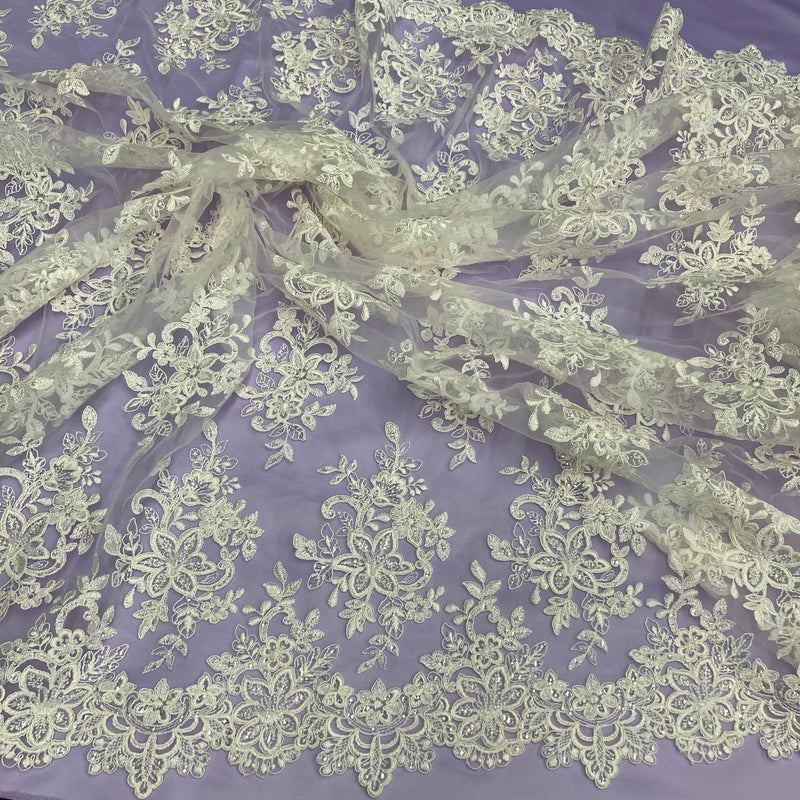 Beaded & Corded Bridal Lace Fabric Embroidered on 100% Polyester Net Mesh | Lace USA - 96983W-HB